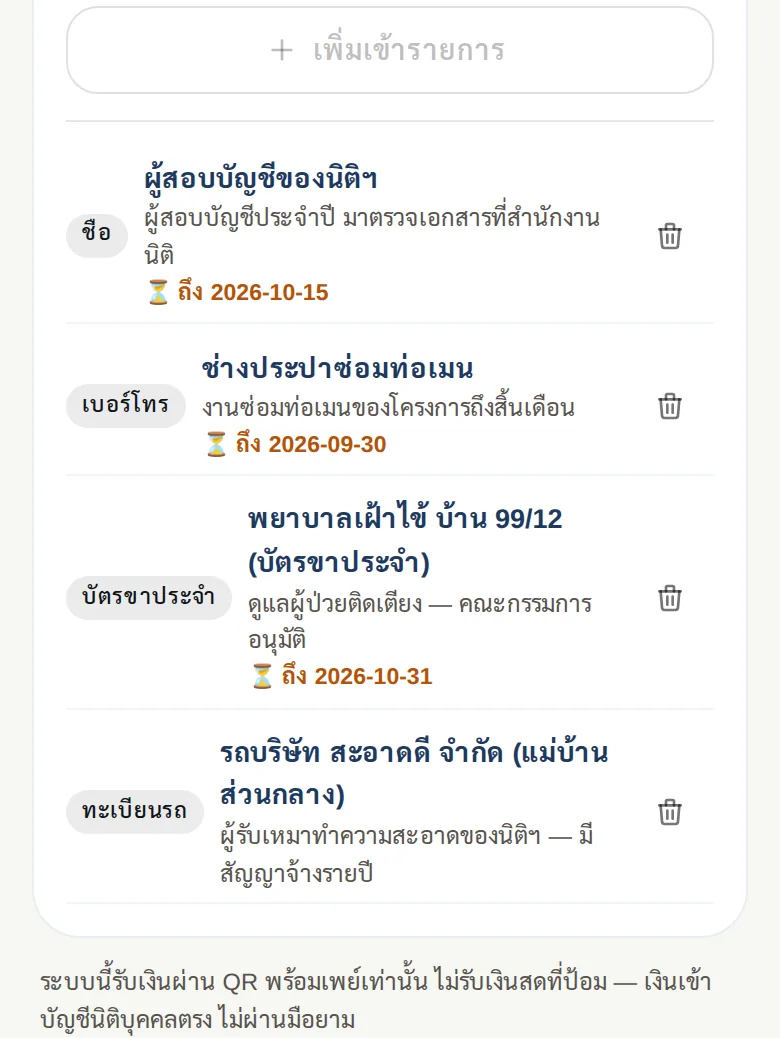 รายการยกเว้นค่าจอดตามชื่อ เบอร์โทร บัตรขาประจำ หรือทะเบียนรถ พร้อมเหตุผลและวันสิ้นสุด