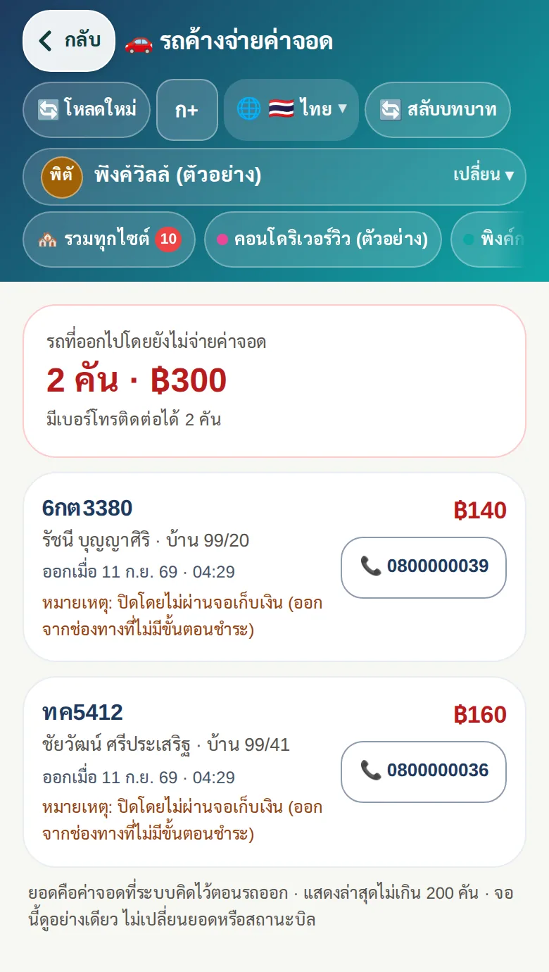 รถที่ออกไปโดยยังไม่จ่ายค่าจอด 2 คัน ฿300 พร้อมทะเบียน บ้านที่เชิญ และปุ่มโทรตามบนมือถือผู้จัดการ