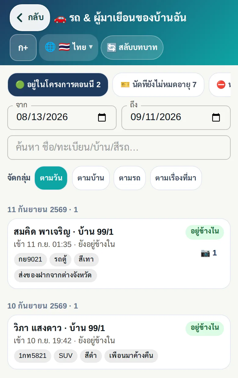 ลูกบ้านเห็นรถที่มาหาบ้านซึ่งยังอยู่ในโครงการตอนนี้ พร้อมทะเบียน ชนิด สี และเวลาเข้า