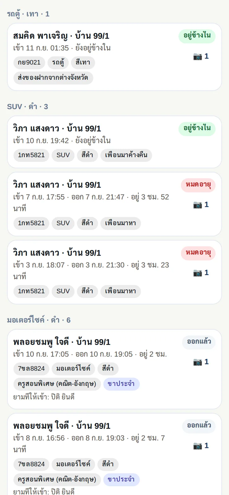 ลูกบ้านดูประวัติรถที่มาหาบ้านตัวเอง จัดกลุ่มตามรถ เห็นเวลาเข้า-ออก เวลาที่อยู่ และรูปที่ยามถ่าย