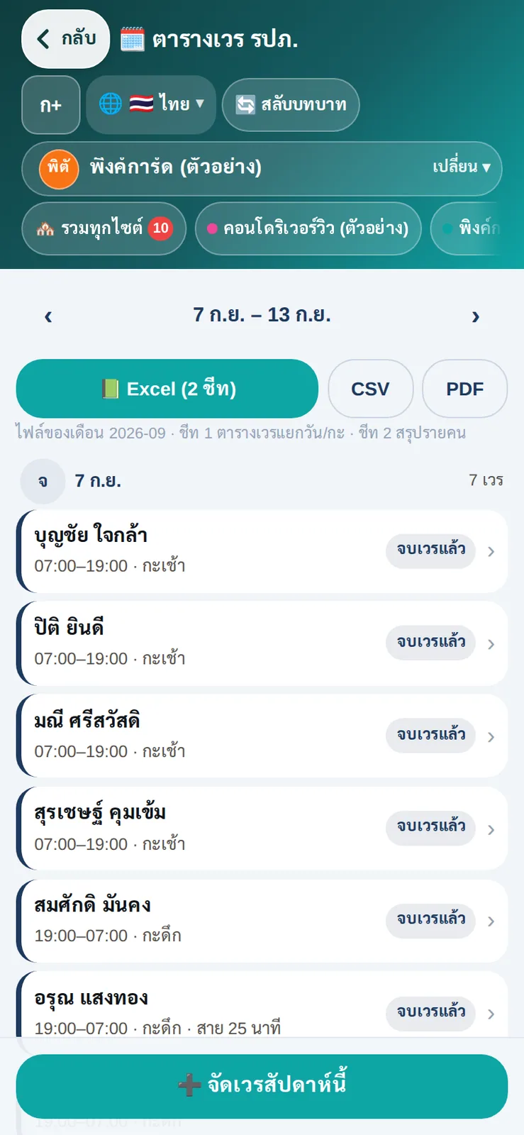 ตารางเวร รปภ. สัปดาห์ 7–13 ก.ย. บนมือถือ แยกกะเช้า/กะดึก พร้อมส่งออก Excel CSV PDF