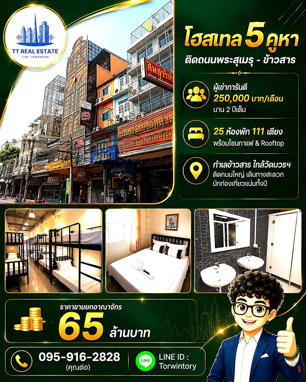 ขายโฮสเทล 5 คูหา 1,248 ตร.ม. ติดถนนพระสุเมรุ–ข้าวสาร · ผู้เช่าการันตี 250,000/เดือน 2 ปี