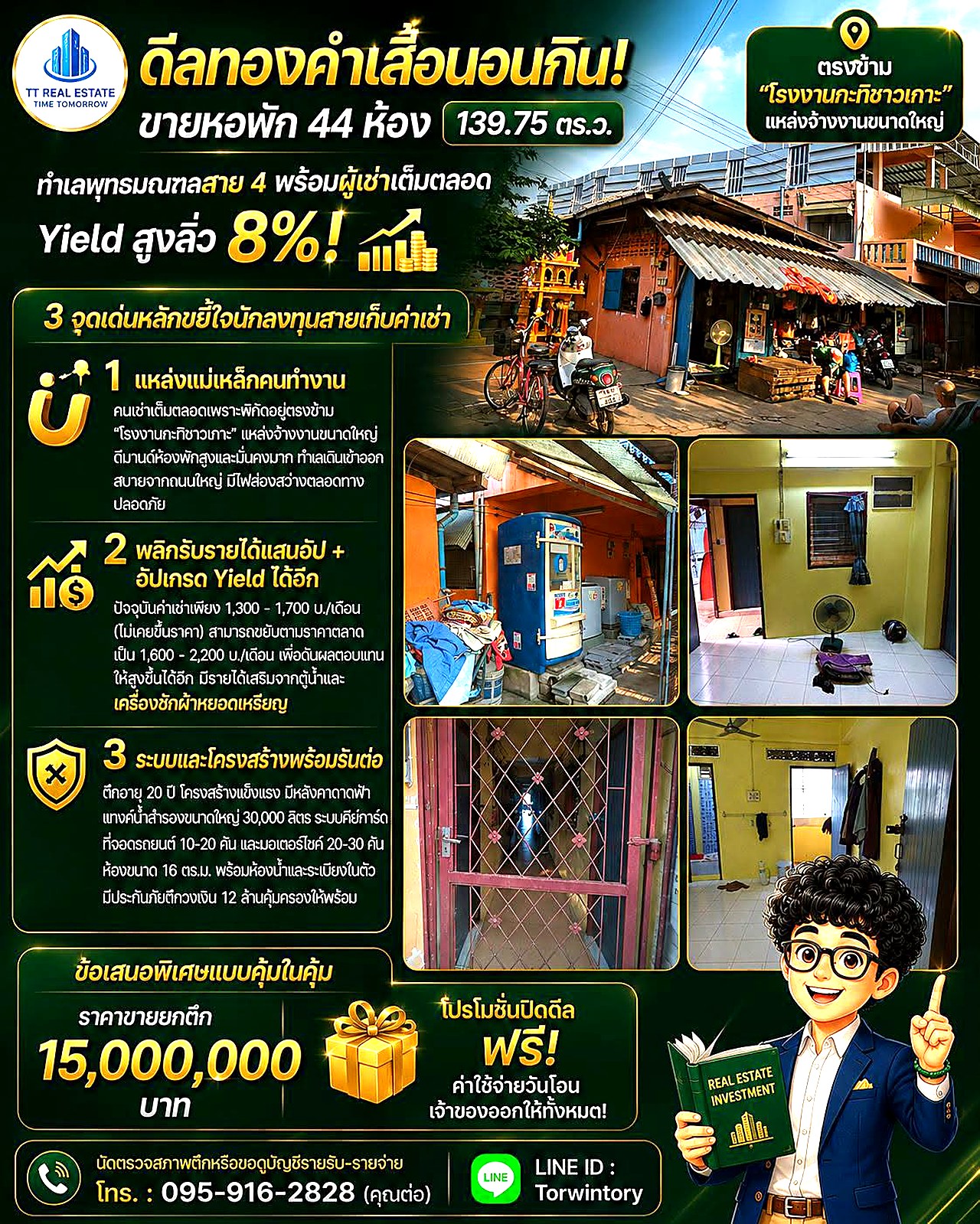 ขายหอพัก 44 ห้อง พุทธมณฑลสาย 4 · ที่ดิน 139.75 ตร.ว. · ผู้เช่าเต็ม Yield 8%