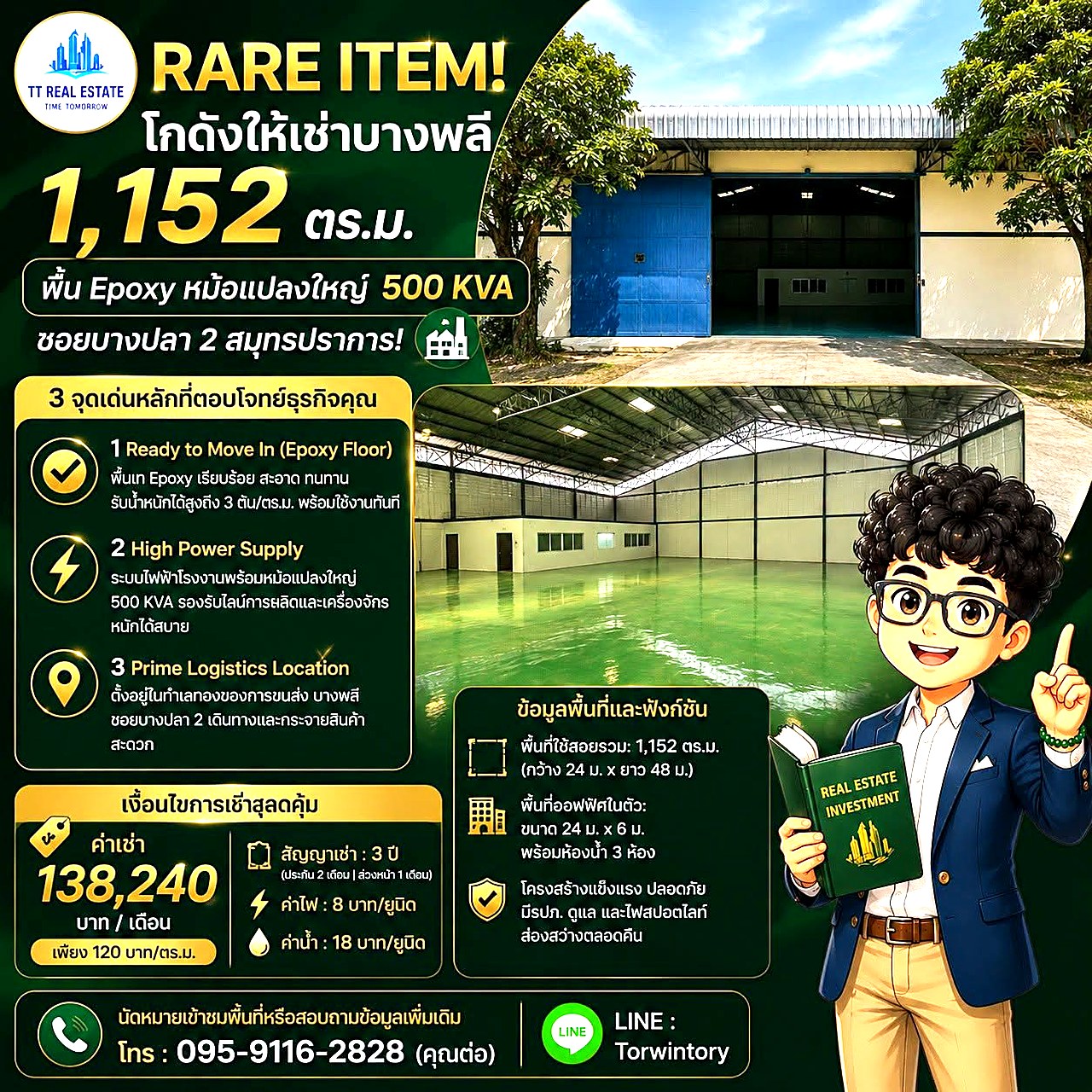 โกดังให้เช่าบางพลี 1,152 ตร.ม. พื้น Epoxy หม้อแปลง 500 KVA · ซอยบางปลา 2 รูปที่ 1