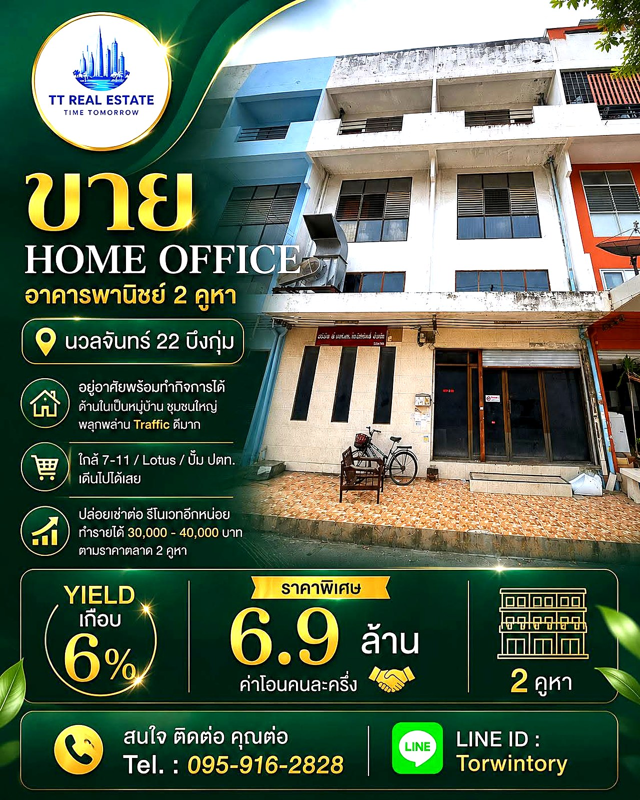ขาย Home Office อาคารพาณิชย์ 2 คูหา นวลจันทร์ 22 บึงกุ่ม · Yield ~6%